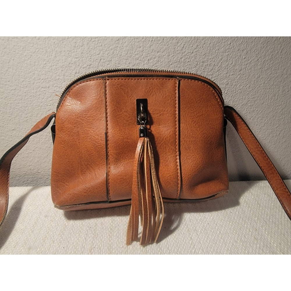 Sam and Hadley Womens Crossbody Handbag‎ Brown Faux Leather Pockets Tassel 9x6x2